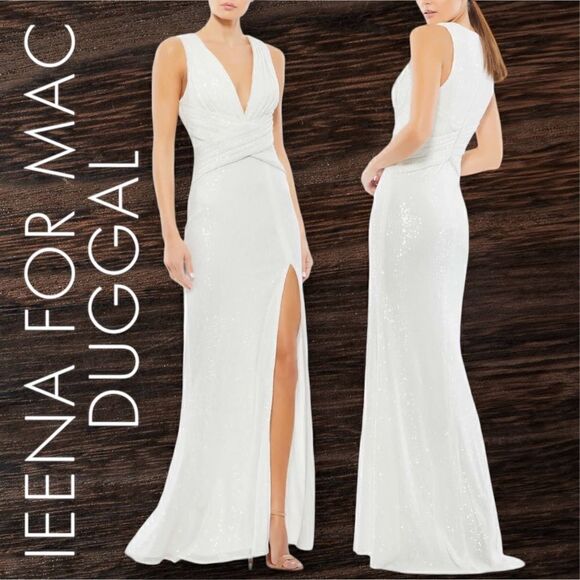 MAC DUGGAL Ieena by Mac Duggal Women’s V-Neck Sequined Wrap Waist Gown Size 4 - Picture 1 of 12